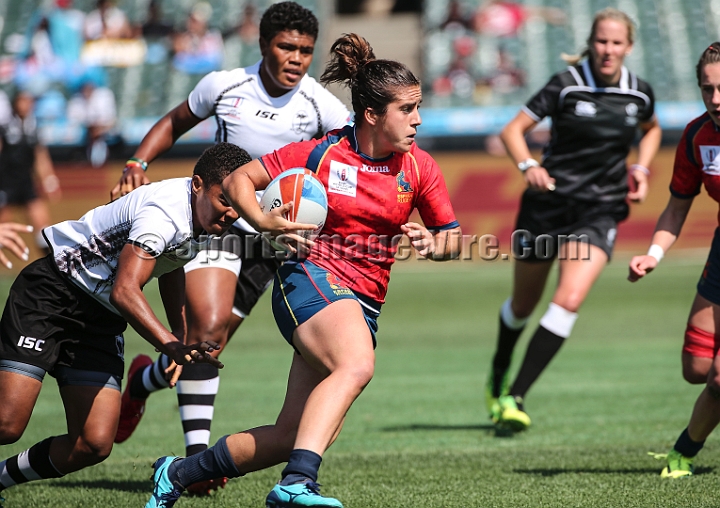2018RugbySevensFri-02.JPG - Patricia Garcia for Spain is chased by Luisa Basei Tisolo of Fiji during their first round match at the 2018 Rugby World Cup Sevens, July 20-22, 2018, held at AT&T Park, San Francisco, CA. Spain defeated Fiji 19-12.